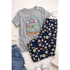 Womens Pajama Set Medium 8 10 Peace Sign, Guitar Floral T Shirt, pants